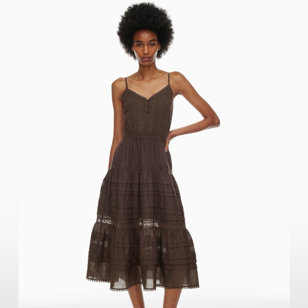 Little Moon Milos Brown Spaghetti-Strap Tiered Midi Dress